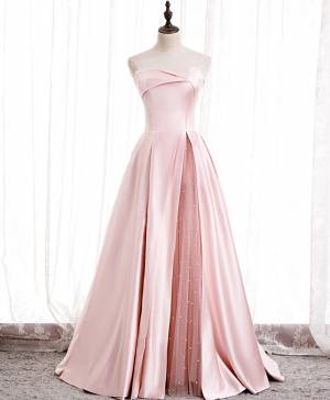 Strapless Pink Satin Long Prom Bridesmaid Dress