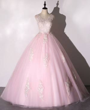 Vintage Pink Tulle Lace V-neck Long Prom Formal Dress