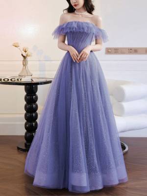 Purple Tulle A-line Long Prom Evening Dress