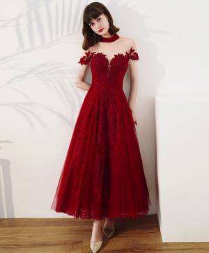 Burgundy Tulle Lace High Neck Tea-length Prom Evening Dress