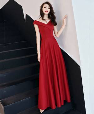 Red V-neck Long Prom Bridesmaid Dress