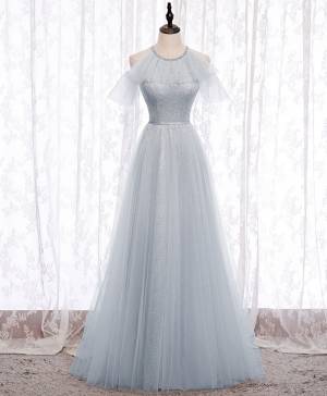 Sheath A Line Gray Tulle Long Bridesmaid Dress