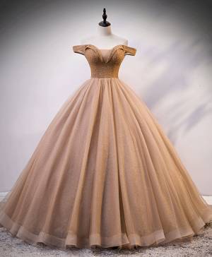 Champagne Tulle Sweetheart Off-the-shoulder Ball Gown With Sequin Long Prom Dress