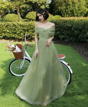 Simple Off Shoulder Green Tulle Long Bridesmaid Dress