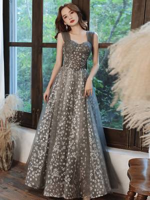 Gray Tulle A-line With Beads Long Prom Evening Dress