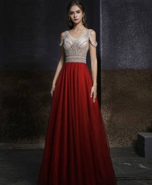 Burgundy Tulle V-neck With Beads Long Prom Evening Dress