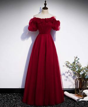 Burgundy Tulle Simple Long Prom Evening Dress