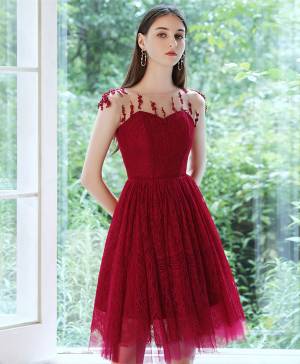 Burgundy Tulle Lace Round Neck Short/Mini Prom Homecoming Dress