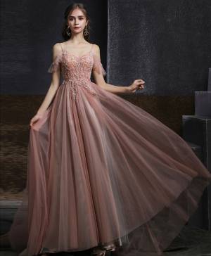 Pink Tulle V-neck With Beads Long Prom Formal Dress