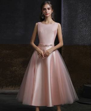 Pink Tulle Round Neck A-line Short/Mini Prom Bridesmaid Dress