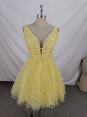 Yellow Tulle V-neck With Sequin Short/Mini Prom Homecoming Dress