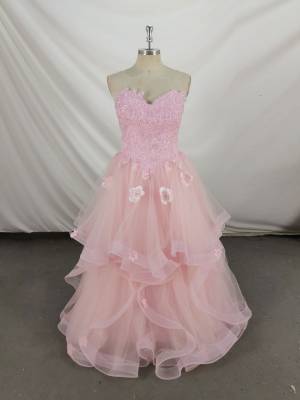 Pink Tulle Lace Sweetheart Long Prom Formal Dress