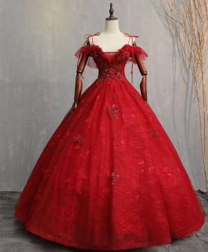 Burgundy Tulle Lace Sweetheart Ball Gown Long Prom Formal Dress