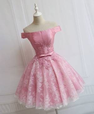 Cute Pink Tulle Off-the-shoulder Lace Short Prom Homecoming Dress