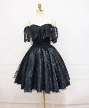 Off Shoulder Tulle Lace Black Short Prom Homecoming Dress