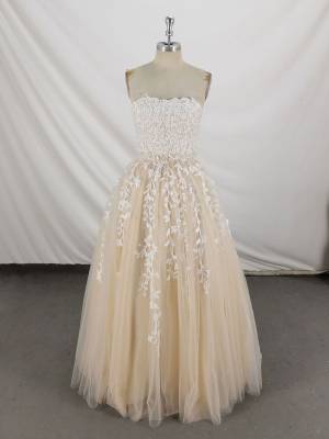 Champagne Tulle Lace Sweetheart Long Prom Formal Dress