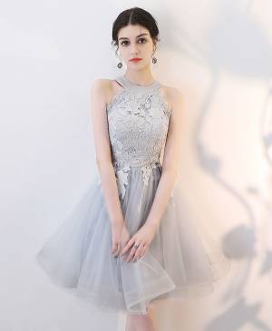 Gray Lace Tulle Short/Mini Prom Homecoming Dress