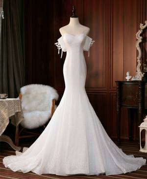 White With Sequin Long Mermaid Prom Wedding Dress