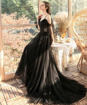 Charming Black Tulle Lace V-neck Long Prom Evening Dress