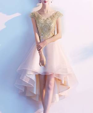 Gold Tulle Lace High Low Prom Homecoming Dress