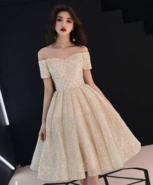 Champagne Tulle Sweetheart With Sequin Prom Homecoming Dress