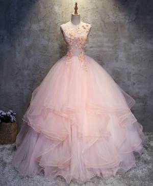 Empire Ball Gown Pink Tulle Round Neck Long Prom Formal Dress With Lace