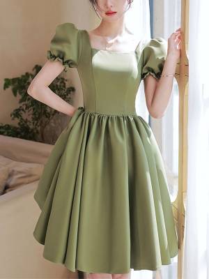Simple Square Green Satin Short Bridesmaid Dress