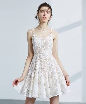 White Lace V-neck Short/Mini Cute Prom Homecoming Dress