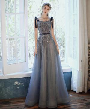 Blue Tulle Sweetheart With Sequin Long Prom Formal Dress