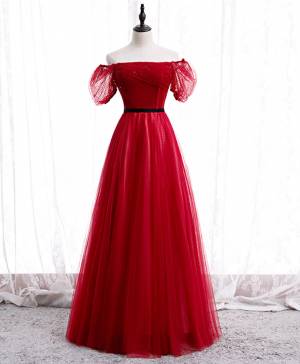 Burgundy Tulle Lace Long Prom Formal Dress