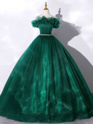 Green Tulle Off-the-shoulder Ball Gown Long Prom Sweet 16 Dress