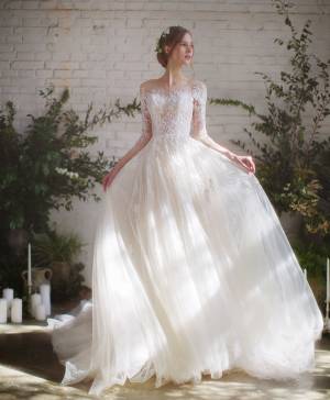 Empire Champagne Tulle Lace Ball Gown Long Wedding Dress With Short Sleeves