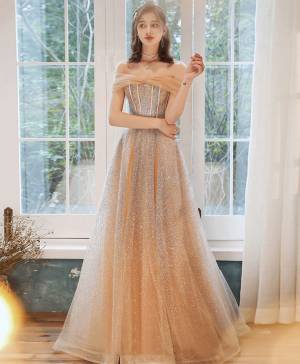 Champagne Tulle With Sequin Long Prom Formal Dress