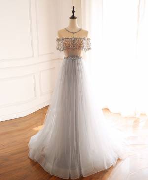 Gray Tulle Round Neck With Beads Long Prom Formal Dress
