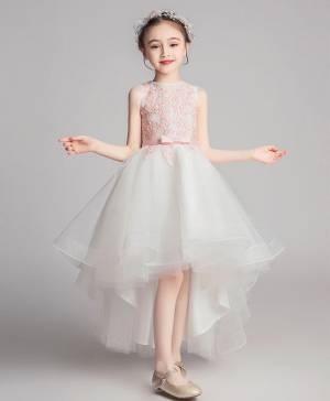 White Tulle Lace Round Neck High Low Prom Flower Girl Dress