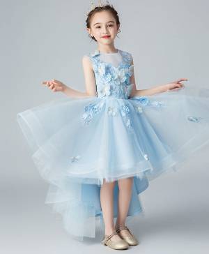 Blue Tulle Lace Round Neck High Low Prom Flower Girl Dress