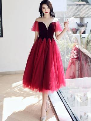 Burgundy Round Neck With Velvet Short/Mini Prom Homecoming Dress
