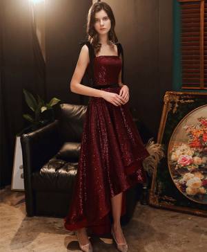 Burgundy With Sequin High Low Prom Homecoming Dress