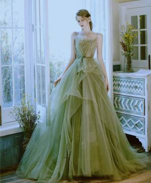 Charming Mermaid Green Tulle Lace Long Prom Formal Dress