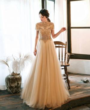 Champagne Tulle With Beads Long Prom Formal Dress
