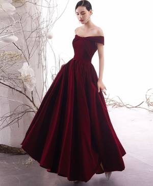 Simple Burgundy Velvet Long Prom Evening Dress