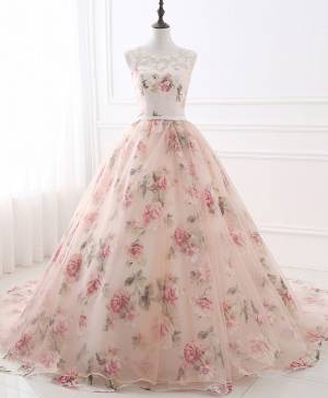 Vintage Ball Gown Pink Tulle Lace Round Neck Prom Evening Dress