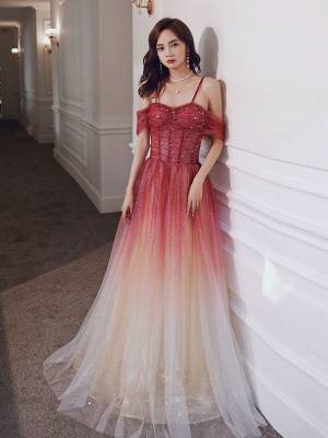 Burgundy Tulle Sweetheart Off-the-shoulder A-line Long Prom Evening Dress