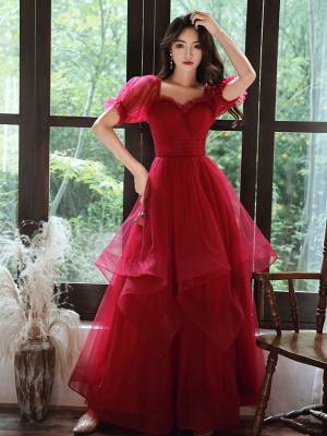 Burgundy Tulle A-line Simple Long Prom Formal Dress
