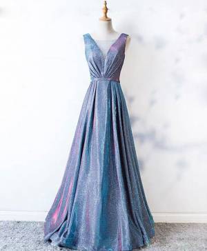 Blue With Sequin Unique Long Prom Formal Dress