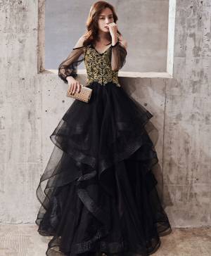 Black Tulle Lace Long Prom Formal Dress