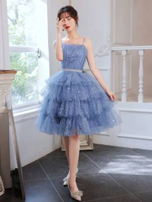 Cute Blue Tulle Short Homecoming Dress