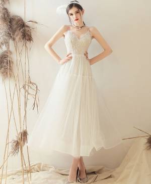 Spaghetti Straps Tulle A-line Tea-length Prom Bridesmaid Dress