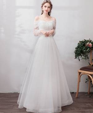 White Tulle Sweetheart Long Prom Formal Dress