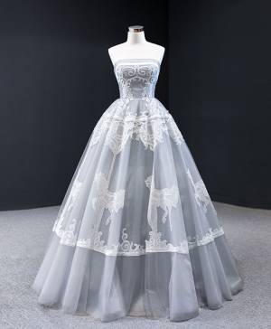 Gray Tulle Lace Sweetheart Long Prom Formal Dress